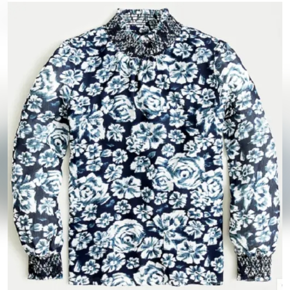 J. CREW XS Shaded Floral Crinkle Chiffon Smocked Top Navy LS Mock Neck Office - Picture 15 of 15